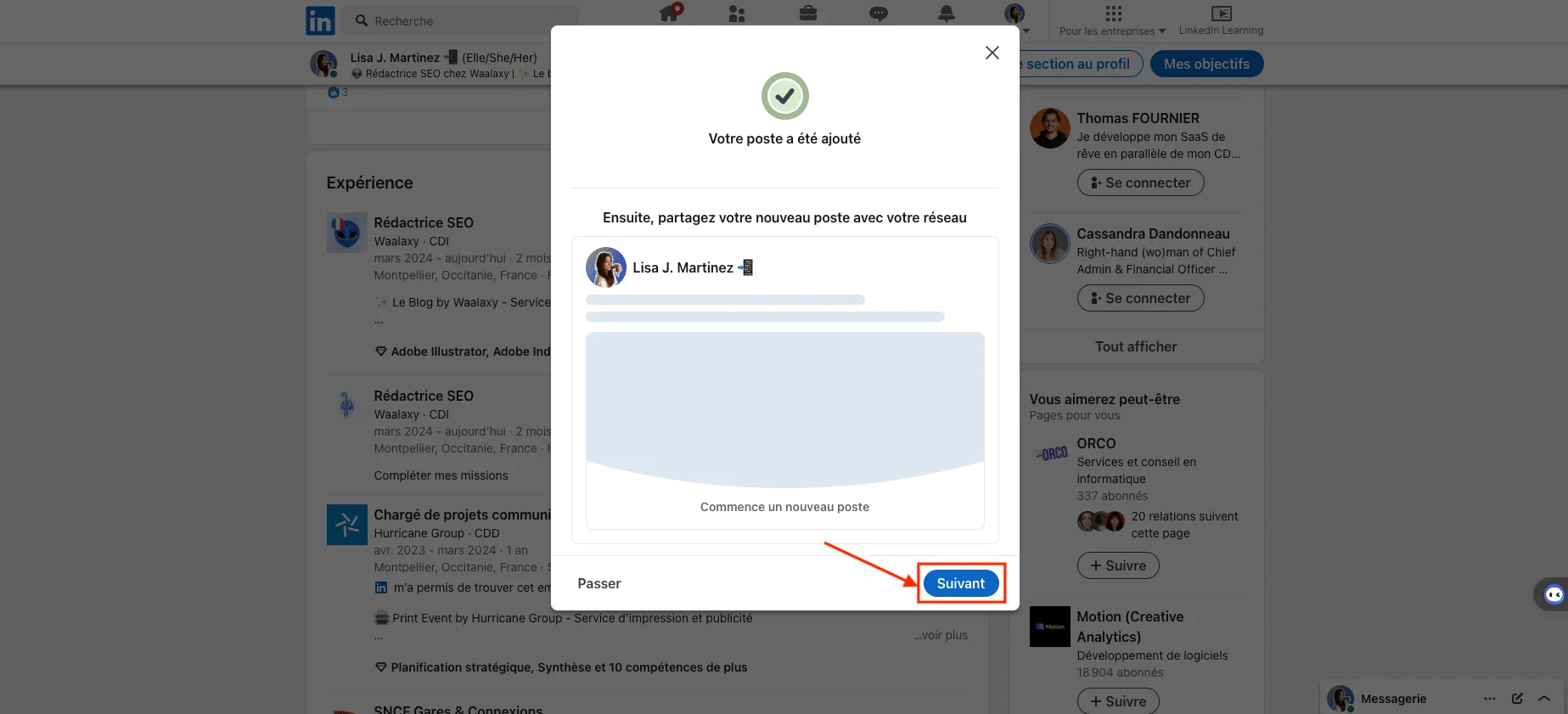 Page de confirmation d'ajout d'un emploi, une expérience, une promotion sur LinkedIn.