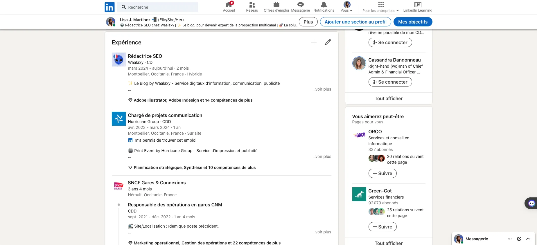 Page de profil LinkedIn : Section Expérience.