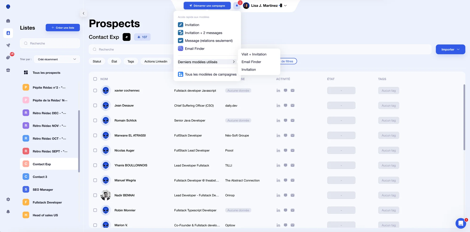 Interface prospects Waalaxy prospection LinkedIn