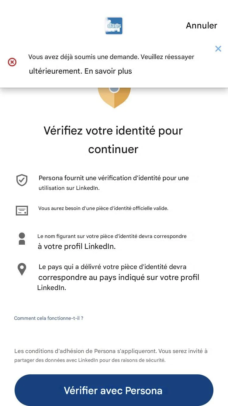 Vérifier le compte LinkedIn avec Persona.