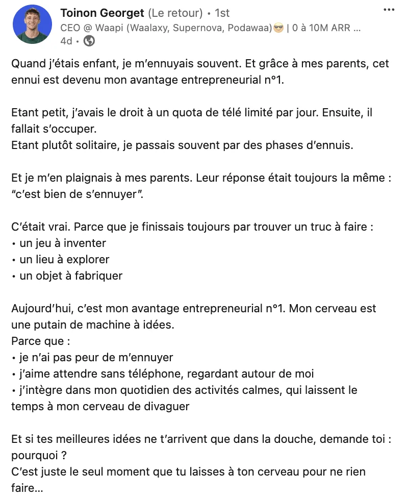 Capture d'écran d'un message Facebook avec un profil utilisateur, du texte en français sur les avantages de l'entrepreneuriat et des idées créatives.