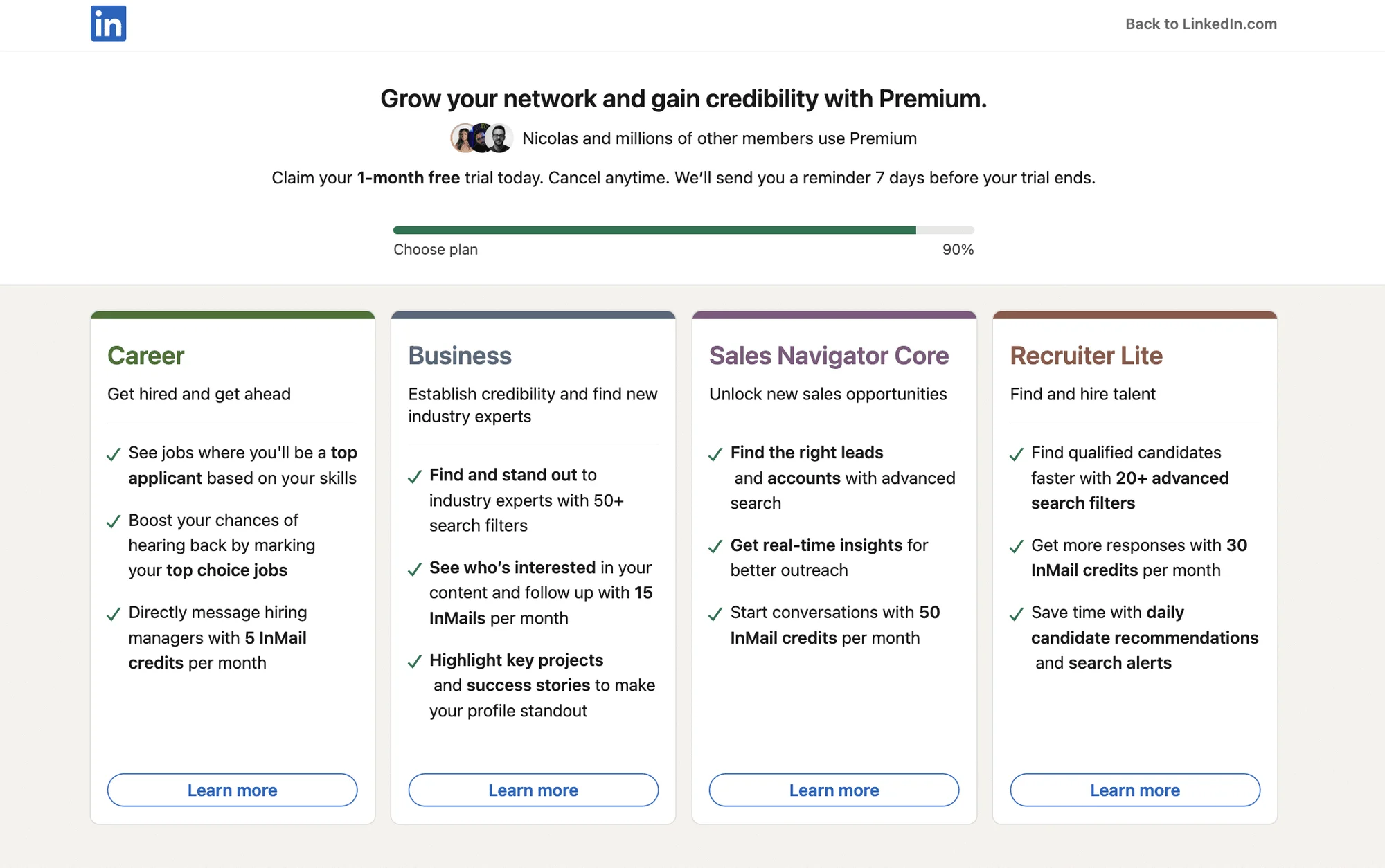 Choosing a LinkedIn Premium subscription