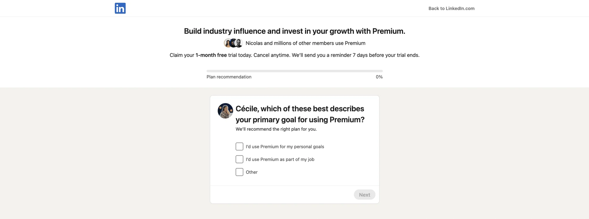 Linkedin premium plan questionnaire