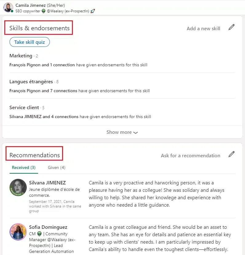 Profil LinkedIn Camila Jimenez compétences recommendations