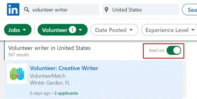 LinkedIn volunteer writer jobs search results