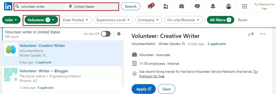 LinkedIn volunteer writer job search results