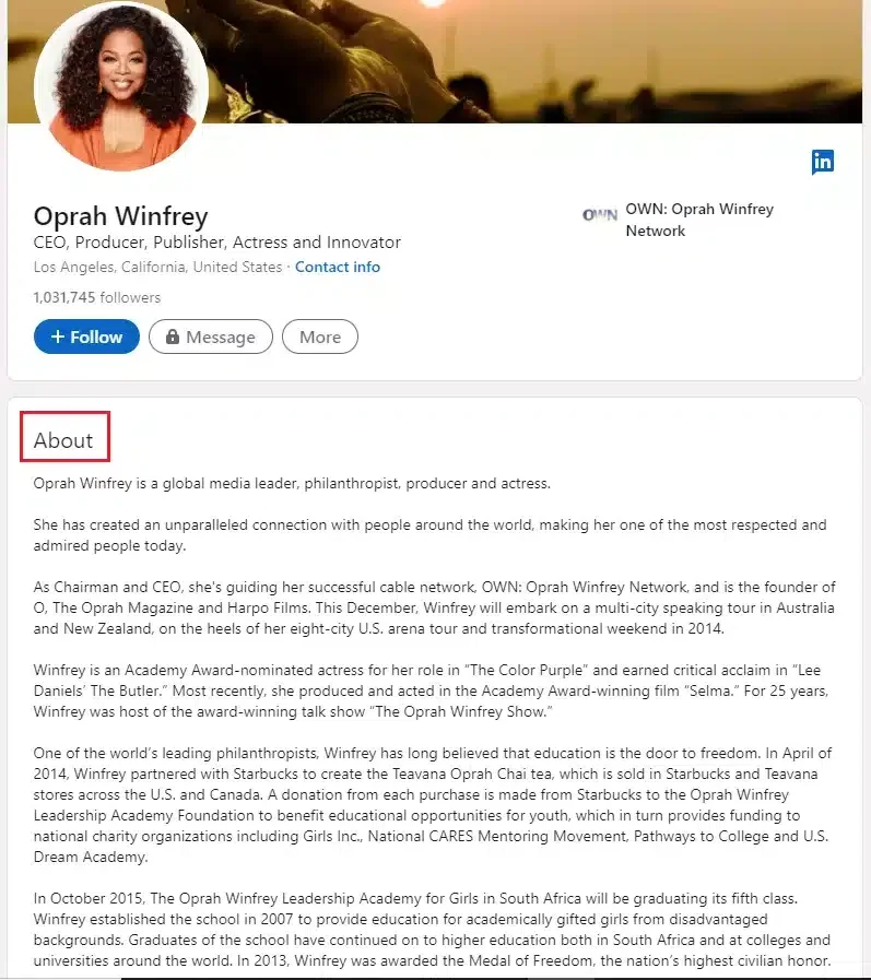 Oprah Winfrey LinkedIn profile CEO