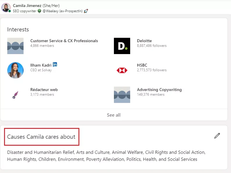 Profil LinkedIn Camila Jimenez SEO copywriter