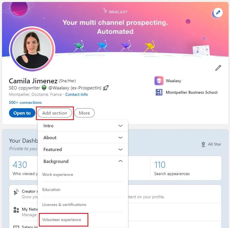 Profil LinkedIn Camila Jimenez Waalaxy