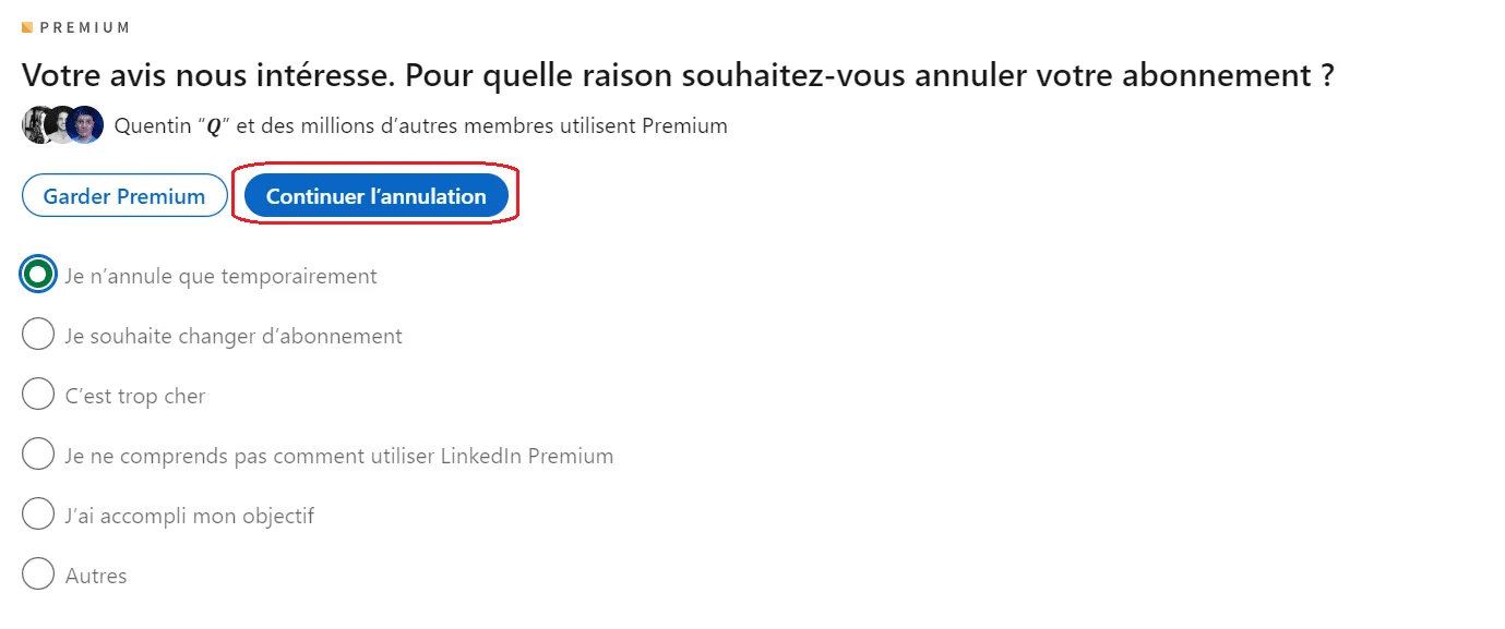 Raisons annulation abonnement LinkedIn Premium