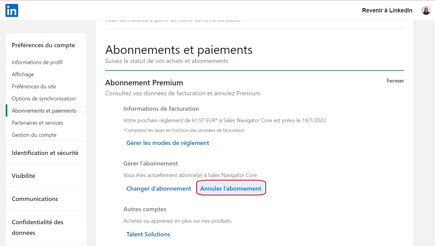 Gérer l'abonnement LinkedIn premium