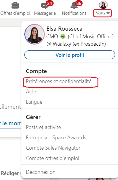 Accès Préférences et Confidentialité profil LinkedIn