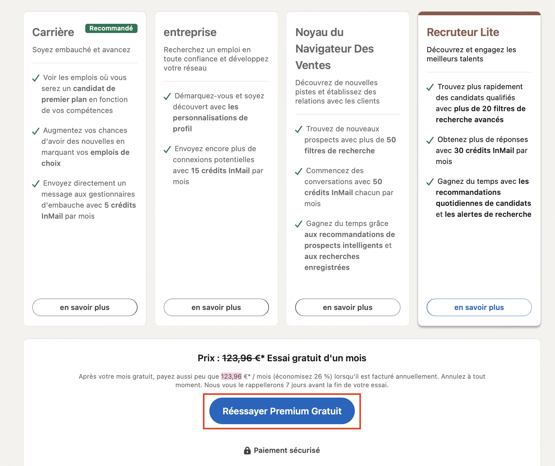 Choix de l'abonnement LinkedIn Premium