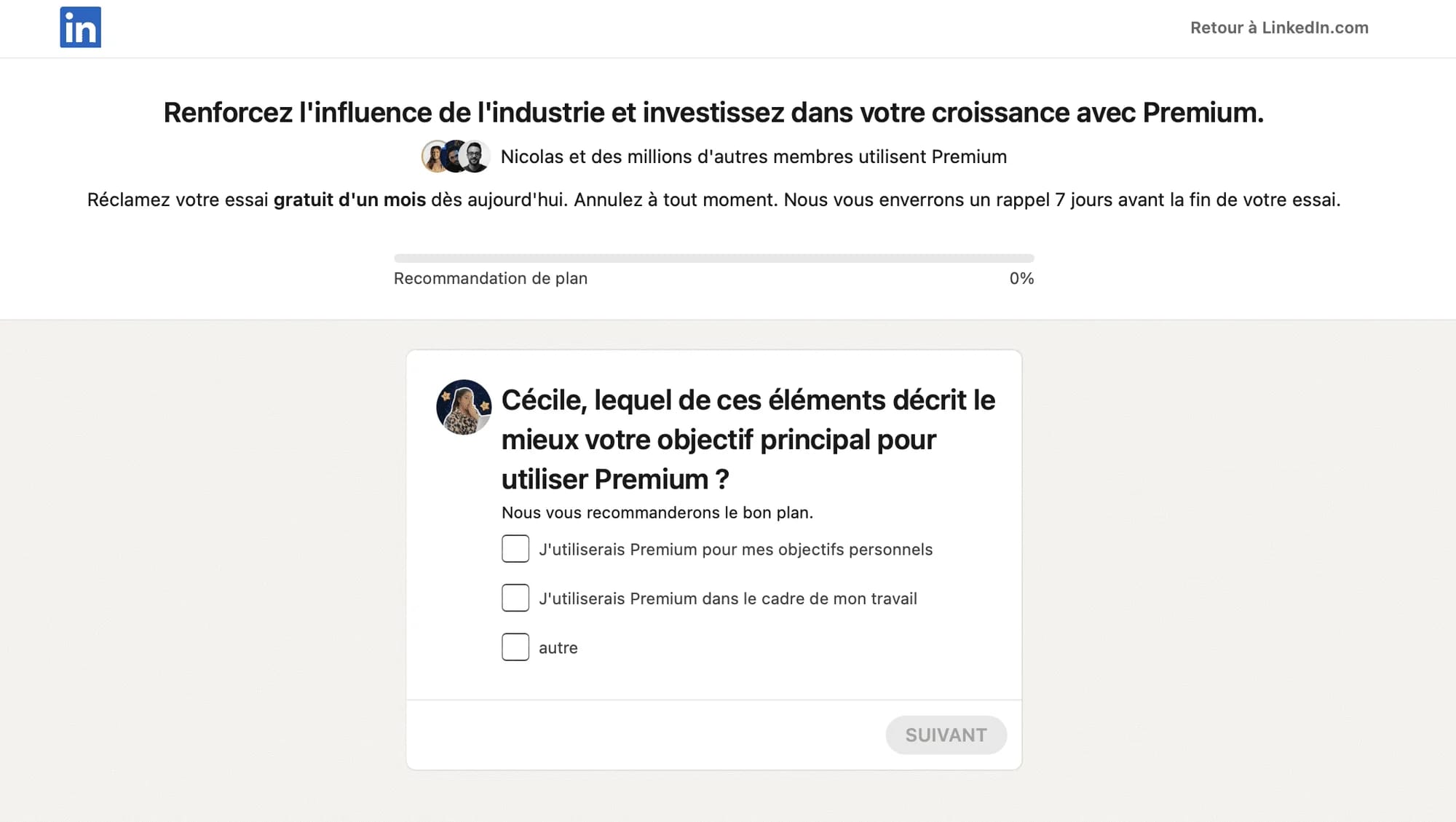 Questionnaire choix de plan Linkedin premium