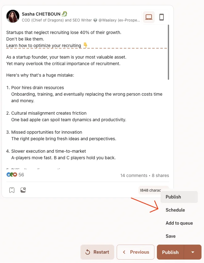 Caso di studio sui contenuti di LinkedIn - strumento Kawaak per scrivere rapidamente le pubblicazioni