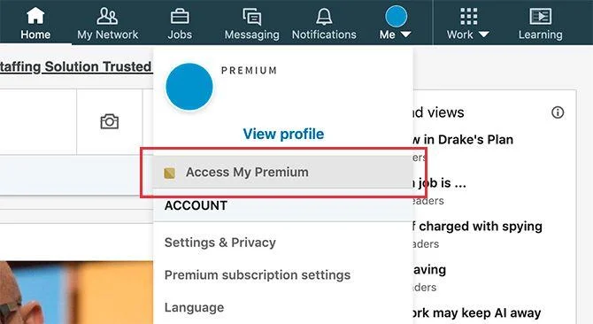 Menu LinkedIn paramètres compte premium