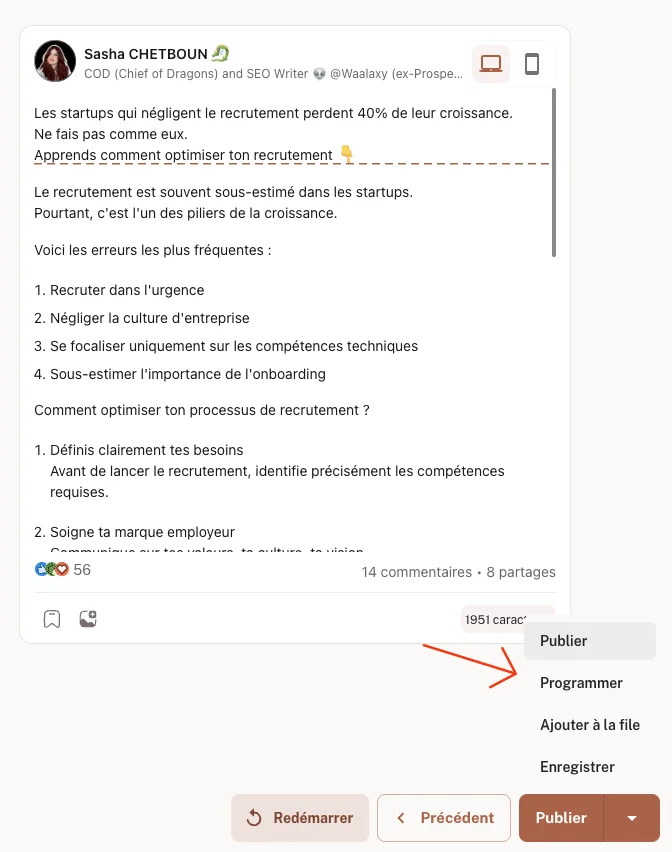 étude de cas de contenu LinkedIn - création de post avec Kawaak