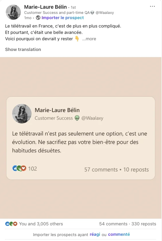 étude de cas contenu LinkedIn - post sur le télétravail