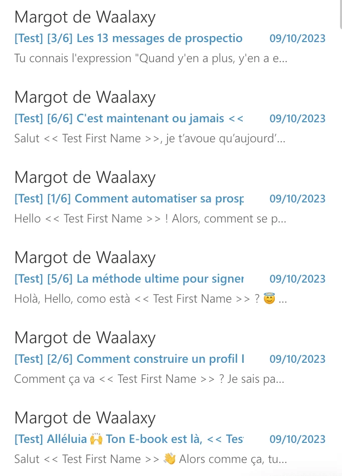 Messages d'e-mail en français sur un thème de prospection.