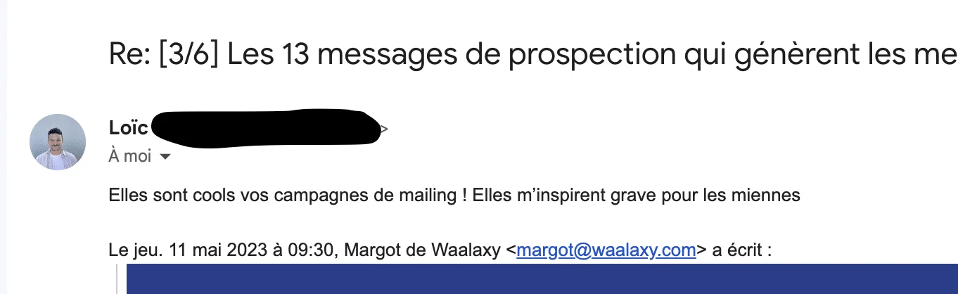 E-mail avec discussion sur des campagnes de prospection par e-mail. Mentionne "13 messages". Nom et adresse électronique masqués. Date : 11 mai 2023. 9h30. Contexte professionnel.
