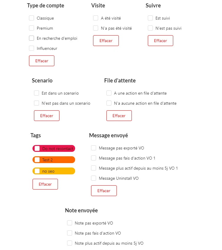 Filtre prospection Waalaxy interface