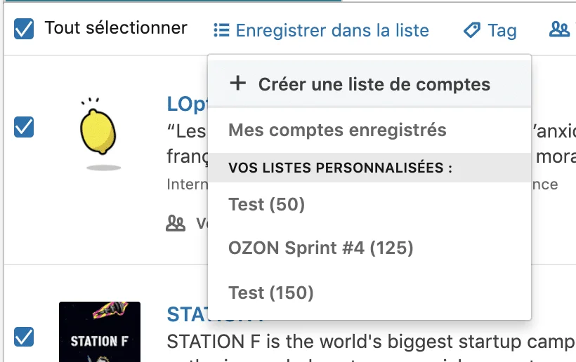 Waalaxy listes comptes enregistrés menu