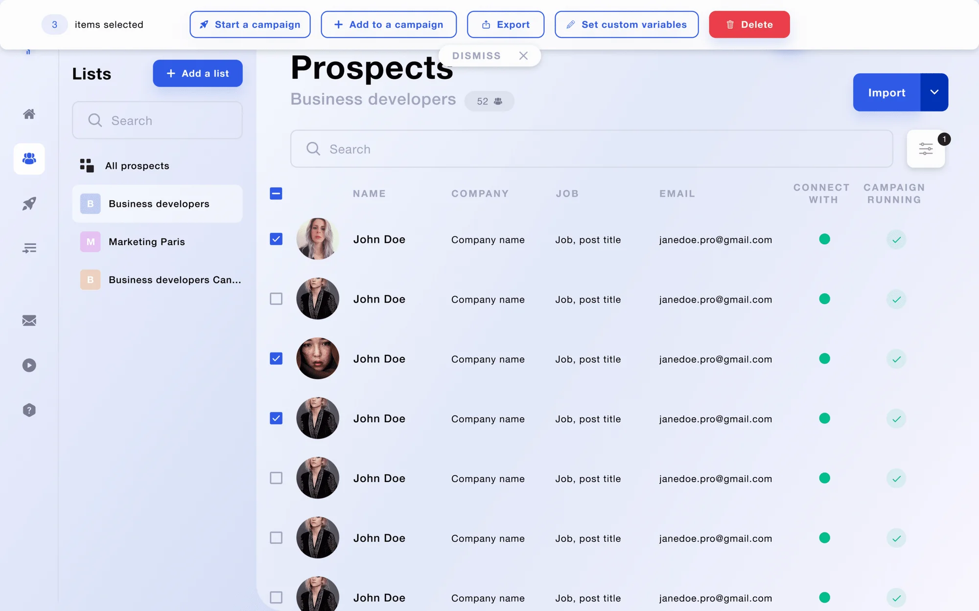 Interface prospection listes prospects Waalaxy