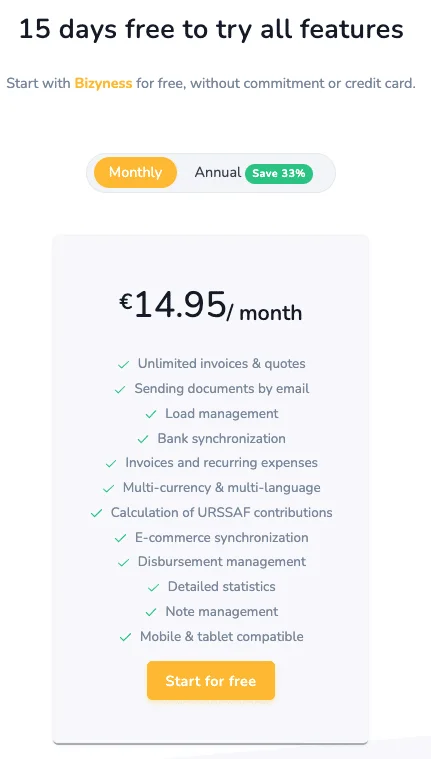 Bizyness pricing monthly plan 14,95 euros