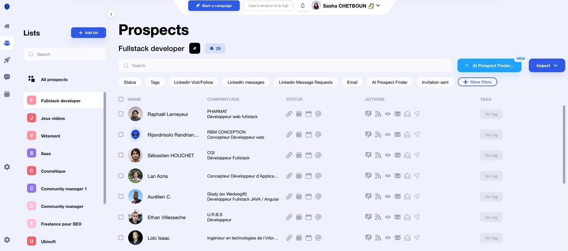 Interface prospection prospects fullstack developer Waalaxy