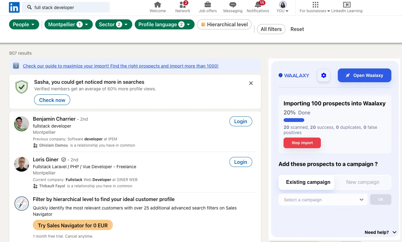 Import prospects LinkedIn campagne Waalaxy