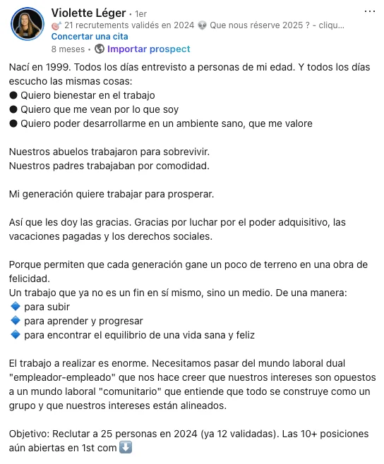 Post LinkedIn Violette Léger recrutement 2024