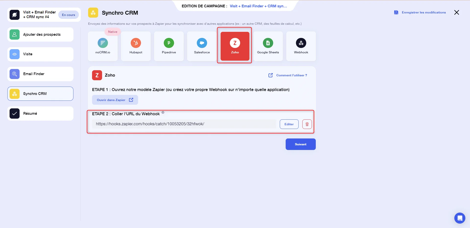 Interface d'application web avec champ URL pour Zapier, bouton "Valider" en bas. Contexte : édition de campagne CRM.