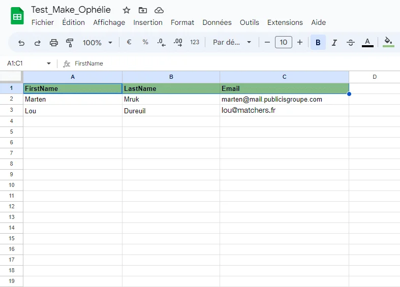 Feuille de calcul Google Sheets avec des noms et emails.