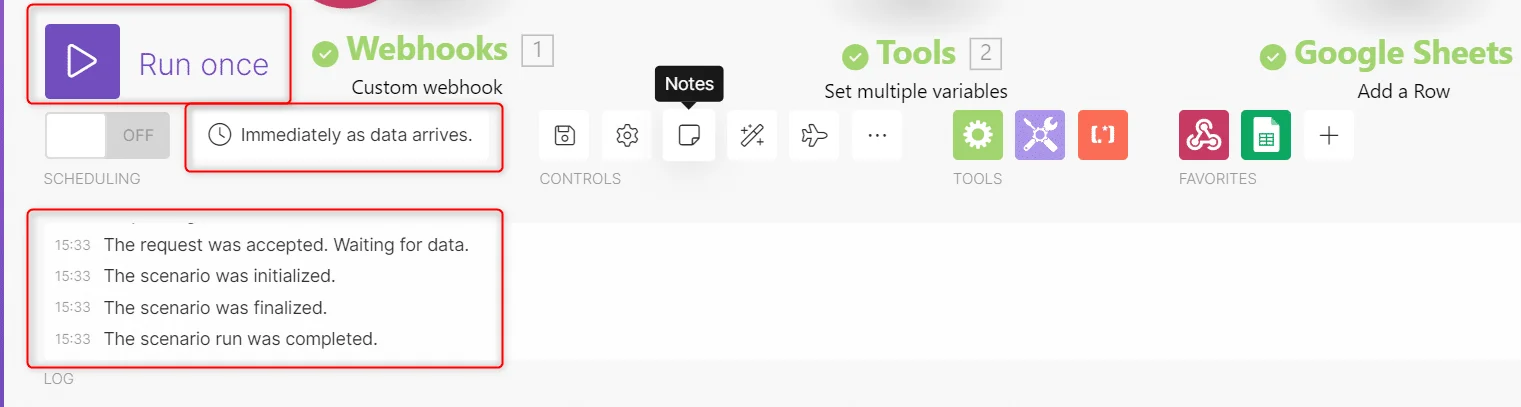 Interface de planification de tâches avec options de déclenchement, notes, outils et suivi des étapes d'un scénario.