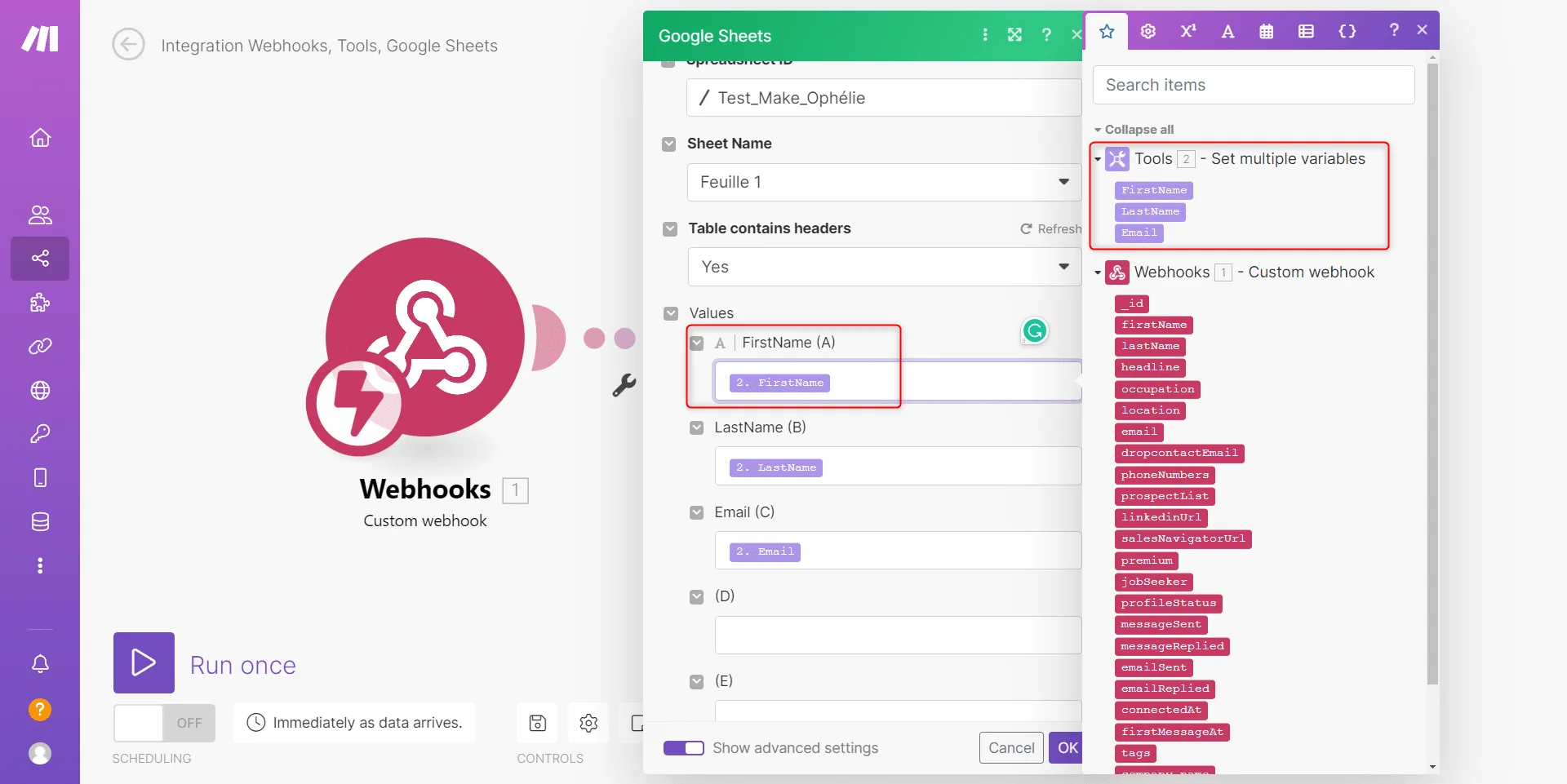 Interface d'intégration Webhooks, Google Sheets, formulaire de saisie de données.