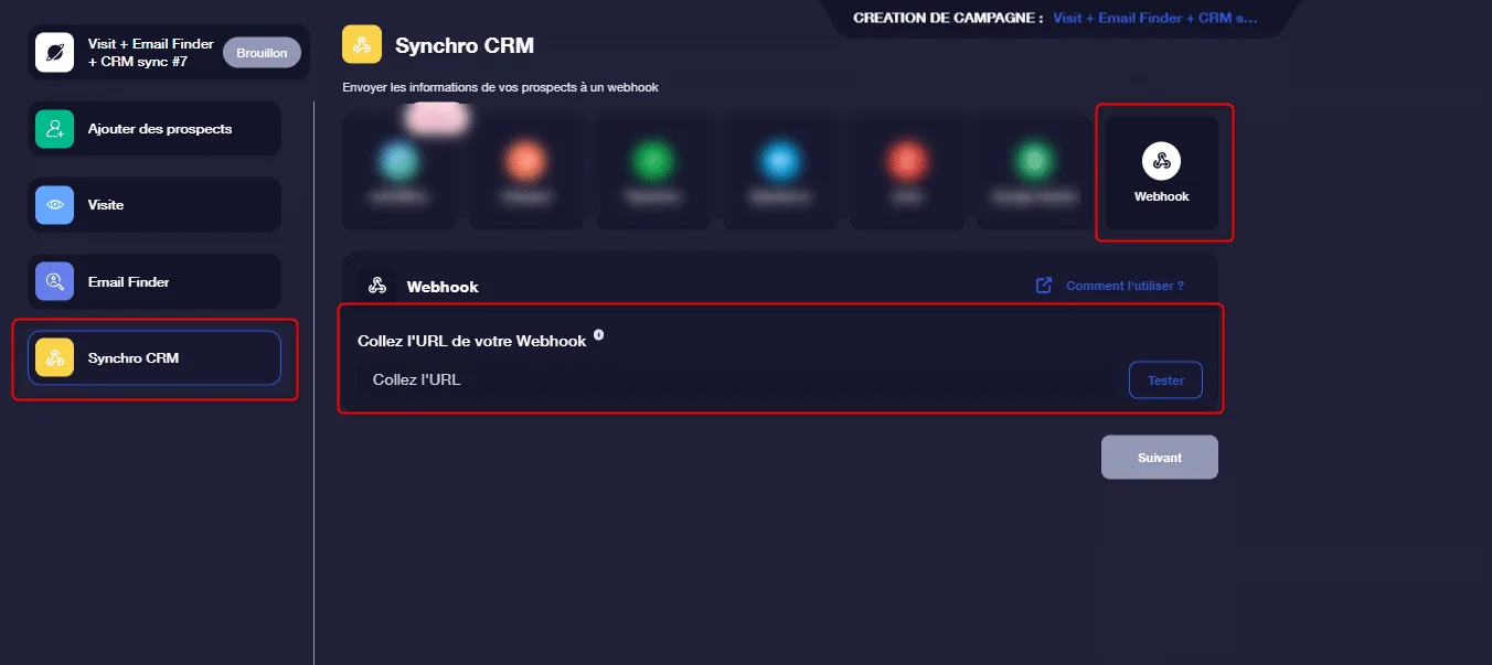 Page de Synctro CRM, formulaire pour entrer un Webhook URL, bouton "Ajouter" en haut à gauche.