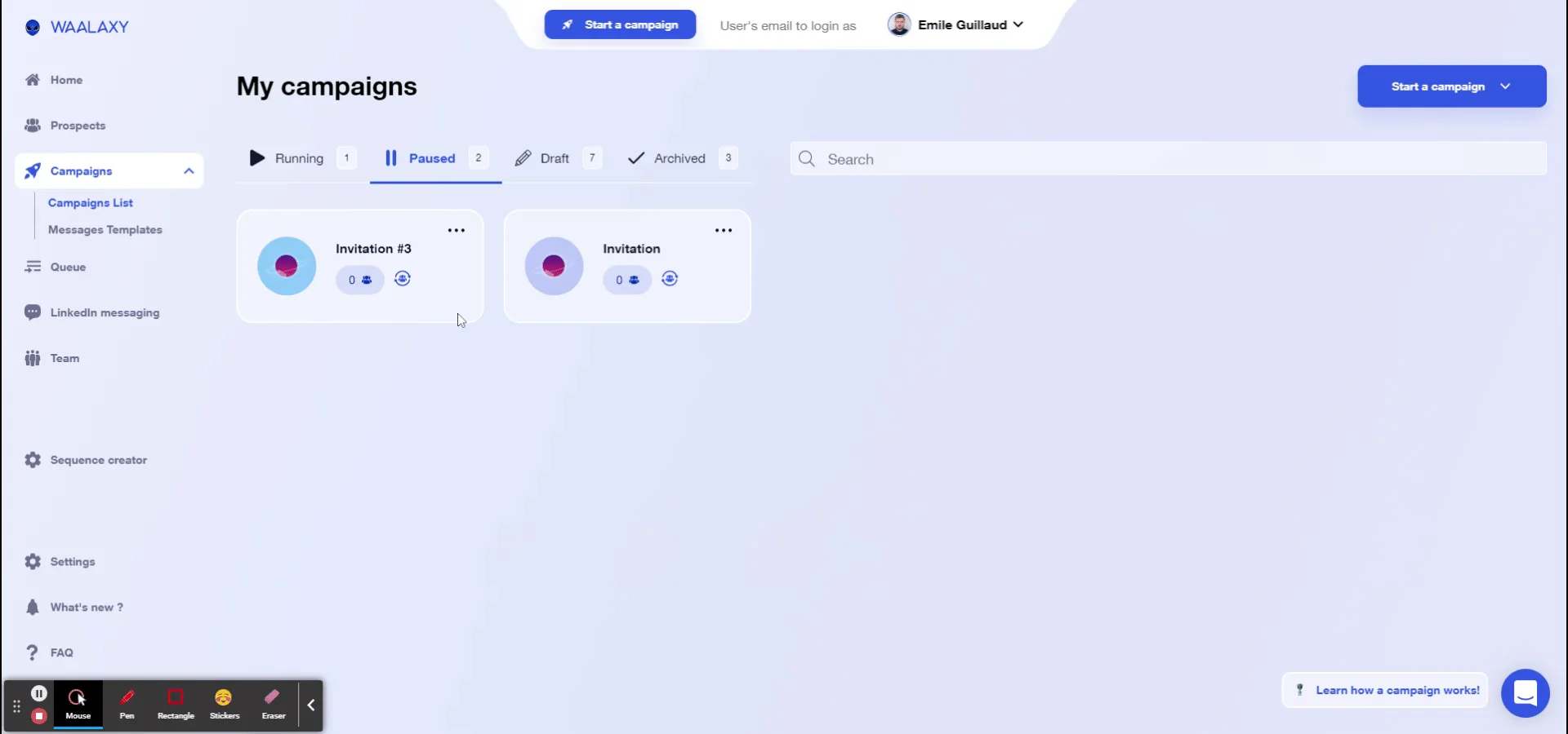 Interface campagnes Waalaxy en pause et actives