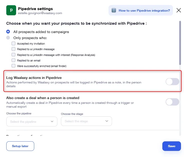 enabling Waalaxy activity synchronization on Pipedrive