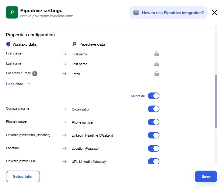 Pipedrive properties configuration with Waalaxy
