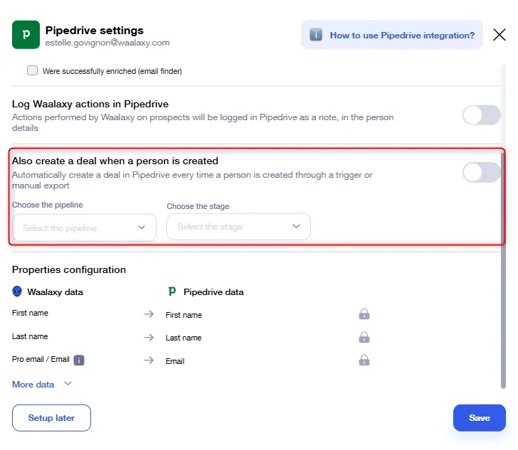 Pipedrive settings integration Waalaxy