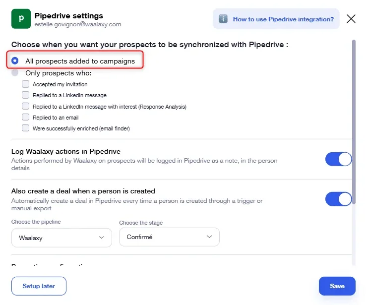 Pipedrive settings synchronisation prospects Waalaxy