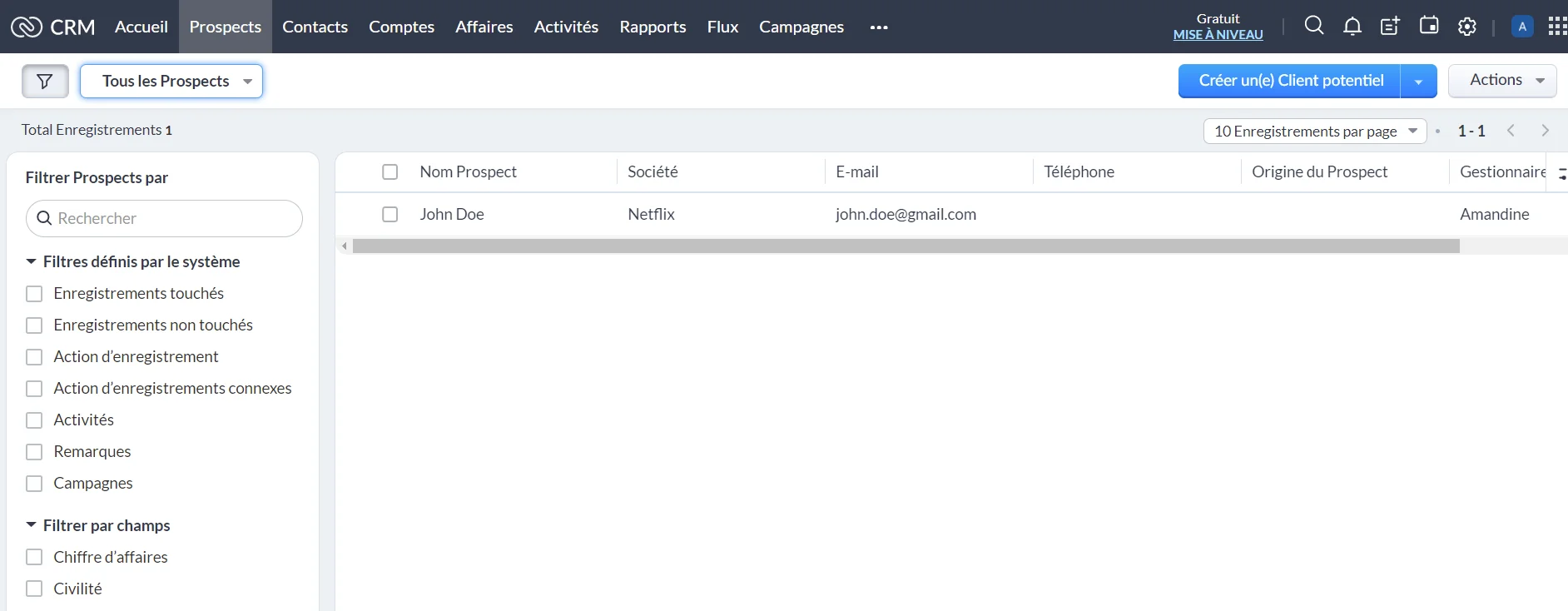 Interface CRM liste prospects Waalaxy