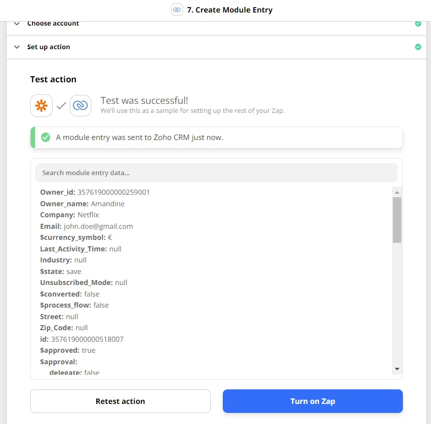 Zoho CRM module entry test successful
