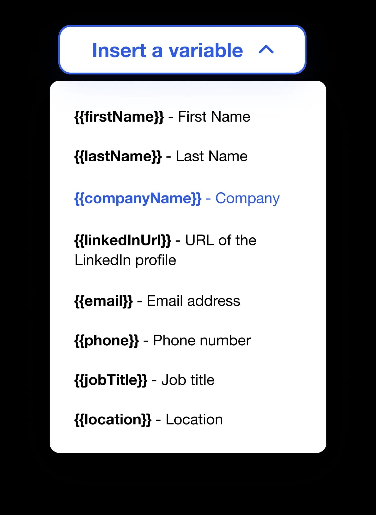 Insert variable Waalaxy prospection LinkedIn