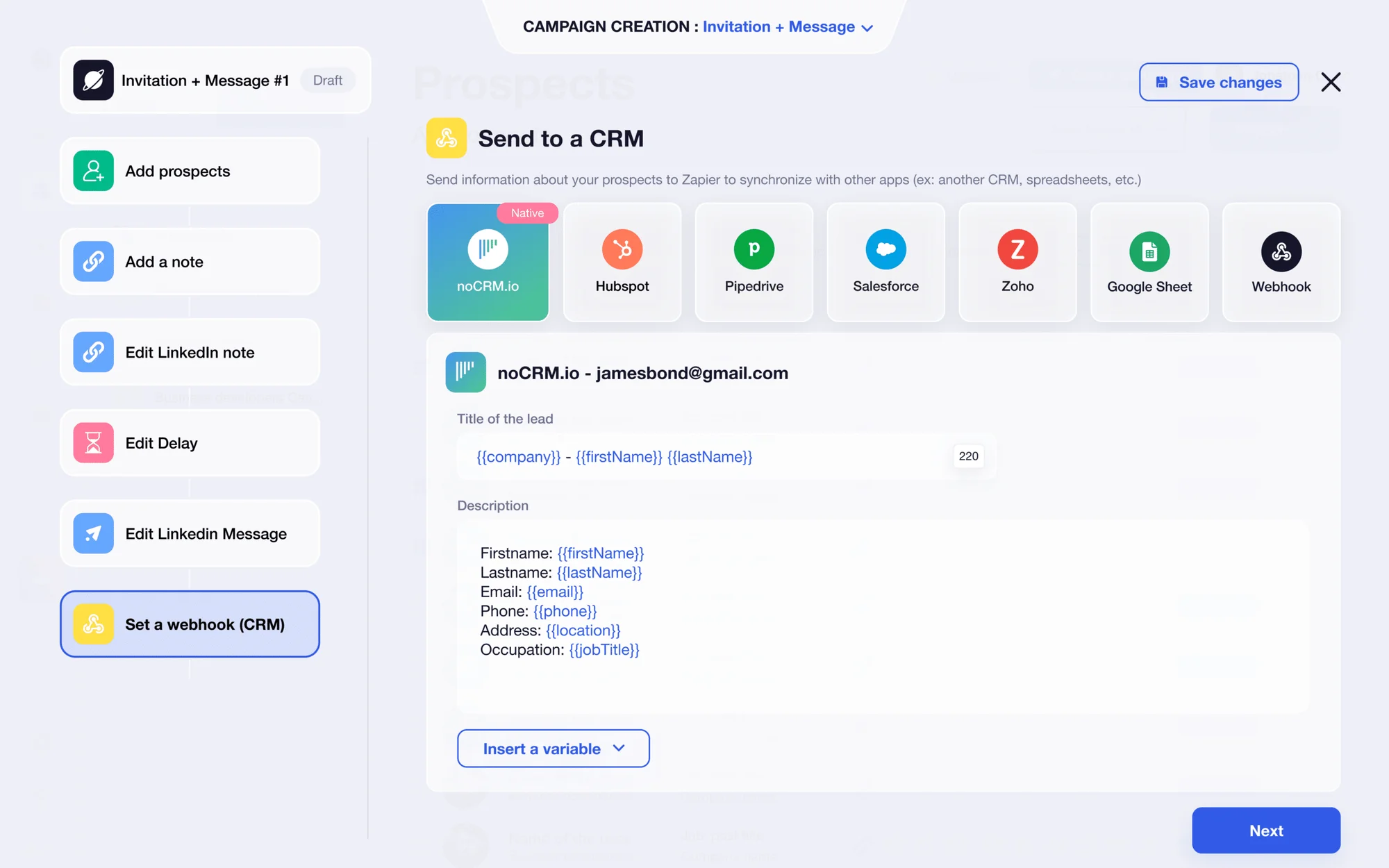 Campaign creation CRM integration Waalaxy