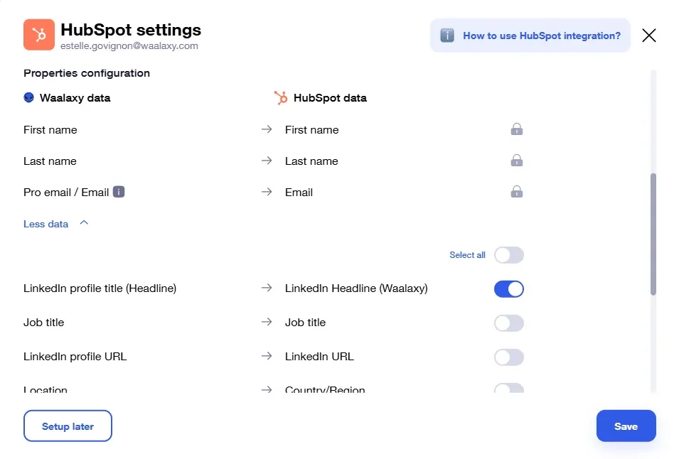HubSpot Waalaxy integration properties configuration