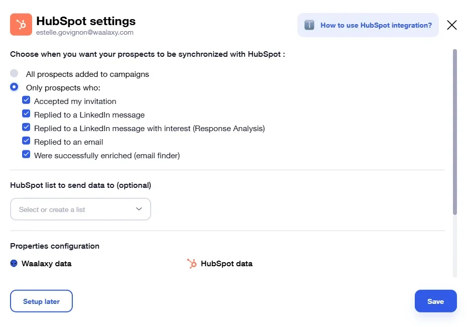 HubSpot integration settings Waalaxy
