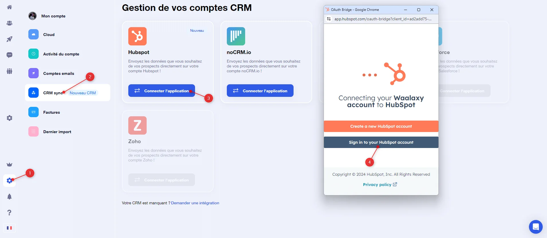 Intégration CRM HubSpot Waalaxy