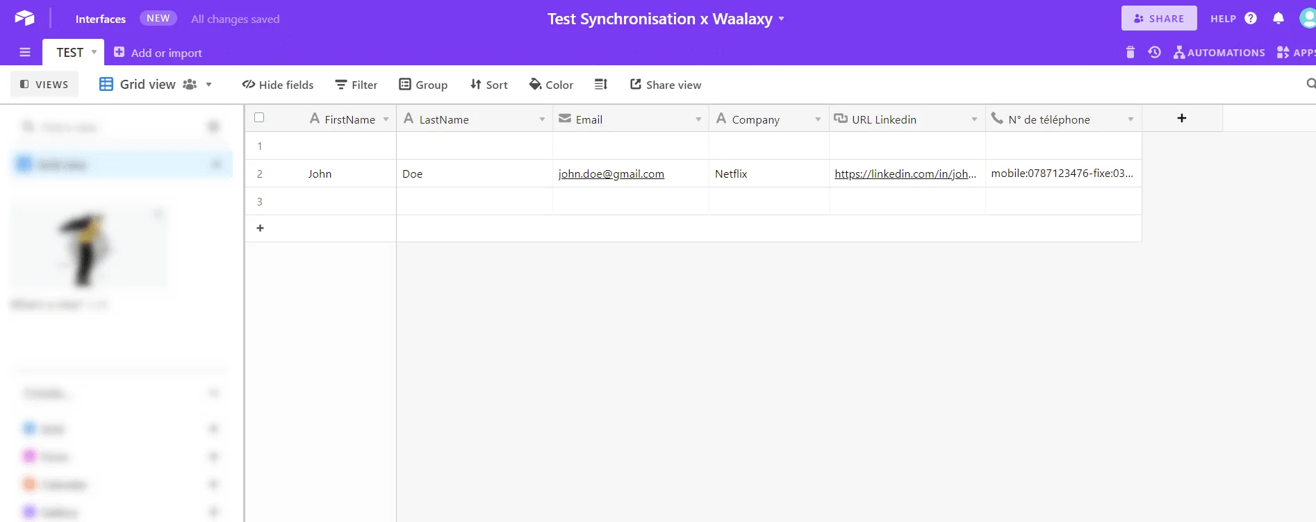 Vue grille base de contacts Waalaxy