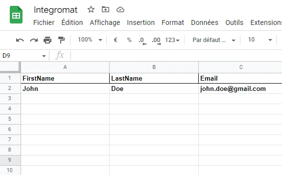 Integromat spreadsheet exemple données contact